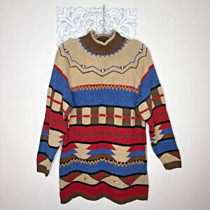 LIZSPORT Tunic Top Sweater size M Southwest Aztec Navajo Print Beaded Mock Neck